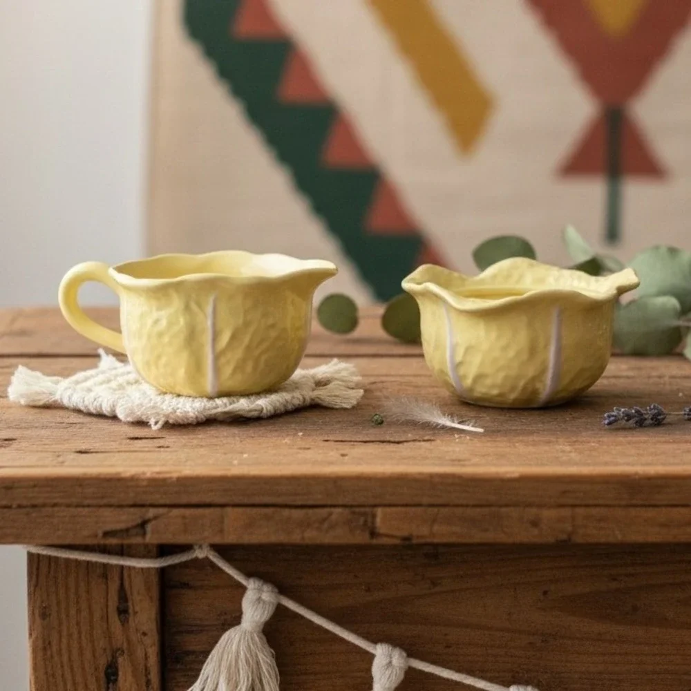 Secla Yellow Cabbage Sugar Bowl & Creamer, Vintage Portugal Majolica Tableware